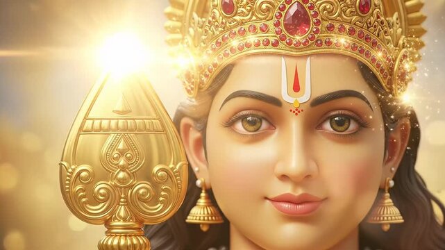 Lord Murugan Close-Up Portrait with Golden Vel, Symbolizing Divine Power and Victory Over Negativity in Hinduism