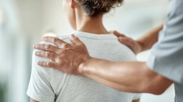 Video of therapy session at chiropractor's office. Male therapist adjusting female patient's back and neck