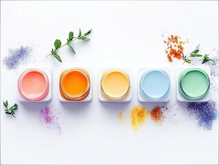 Five small jars of colorful cream or paint in pastel shades are arranged in a row on a white background, with scattered powder and green sprigs.