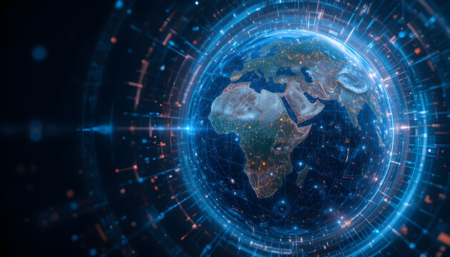 A captivating digital earth surrounded by glowing rings, symbolizing global technology and communication, with intricate details showcasing continents, oceans, and network connections