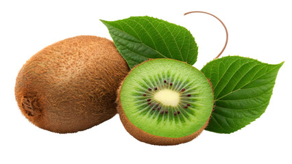 Juicy kiwi fruit composition presenting a half sliced kiwi with fresh green leaves, perfect for healthy eating and vibrant food concepts
