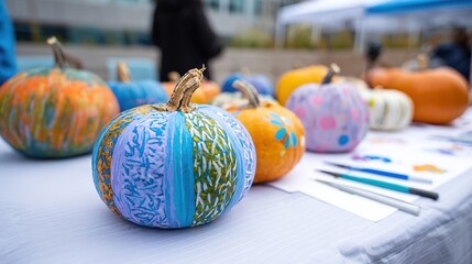 There are paintings on different pumpkins on the table --chaos 10 --ar 16:9 --raw --stylize 50 --v 7 Job ID: 150c4e4c-8db0-42c7-88a0-3ba8fc63b58f