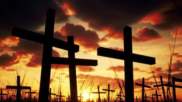 Silhouette of crosses in a graveyard against a dramatic sunset sky