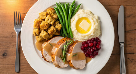 Delicious thanksgiving dinner plate with turkey and sides ready to be served now