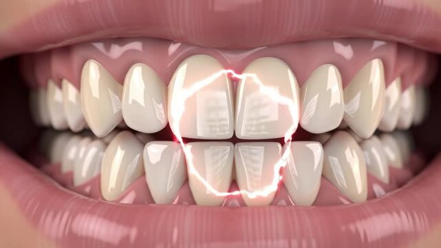 Closeup of teeth with sensitivity or pain indicated by red lightning effect