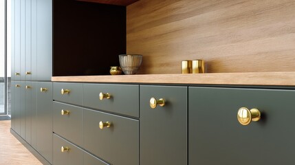 Modern kitchen design features sleek dark gray cabinets paired with golden knobs, creating a stunning visual appeal. The minimalist style blends warmth with contemporary elegance