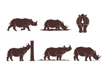 Diverse collection of rhinoceros animal silhouettes in various poses, including standing, grazing, and frontal view, suitable for African wildlife and conservation.