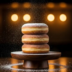 Stack of Sugar-Dusted Donuts on Wooden Stand – Sweet Bakery Dessert with Warm Lighting