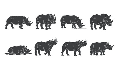 Rhinoceros (Rhino) Mammal Vector Silhouettes: Set of Dark Monochrome Icons of Large African Animals in Various Poses