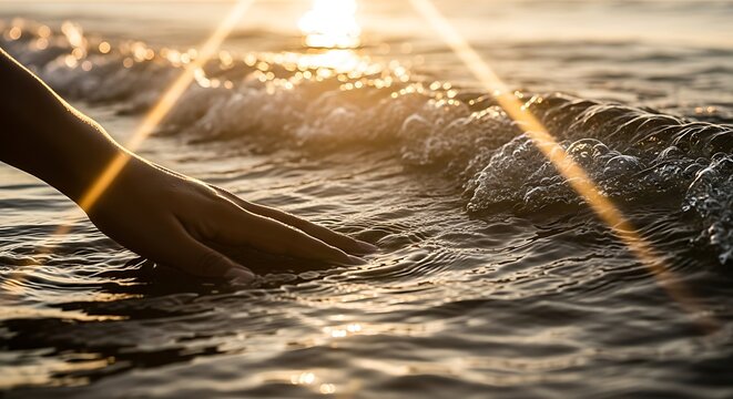 Hand reaching into gentle ocean waves at sunset - Powered by Adobe