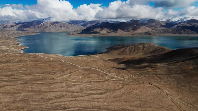 Aerial drone view of Yashilkul and Bulunkul lakes in the Pamir Mountains of Tajikistan Gorno-Badakhshan Autonomous Province remote Central Asia