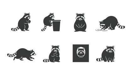 Raccoon Mammal Vector Silhouettes: Set of Dark Icons of North American Animals in Various Urban and Wild Poses, including Garbage Can © Zhangxiao