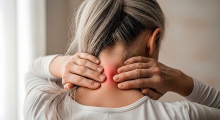 Mature woman massage her painful neck due to muscle tension or injury, providing relief for discomfort and stress. Concept of self care and wellness.