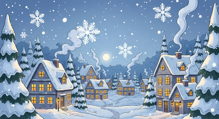 Cute Illustration Snowy Village with Warm Glowing Windows Soft Falling Snow 