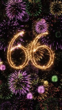 Number 66 surrounded by fireworks. Festive video for birthday or anniversary party