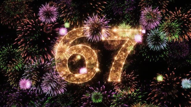 Number 67 surrounded by fireworks. Festive video for birthday or anniversary party