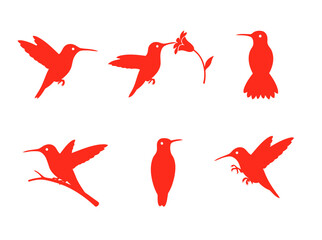 Collection of Hummingbird Icons Vector Illustration, featuring Small Bird Silhouettes in Various Poses like Flying, Feeding, and Perching in Red Color