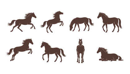 Collection of Horse Icons Vector Illustration, featuring Equine Silhouettes in Various Dynamic Poses like Running, Trotting, and Standing in Dark Brown Color