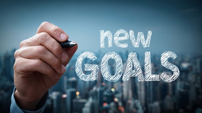 Writing new goals over a blurred cityscape background