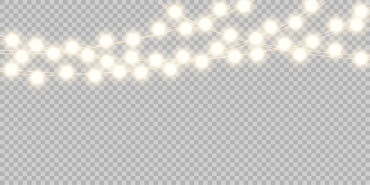 Vector Christmas lights isolated on a transparent background. Christmas light PNG. Set of Xmas glowing garlands. Warm semitransparent new year light effect decoration. Christmas decoration, LED lamp