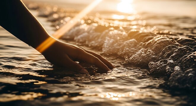Hand reaching into sunlit ocean waves at golden hour