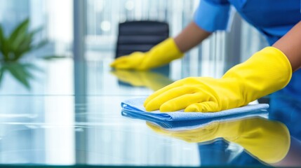 Person cleaning office desk with cloth and gloves