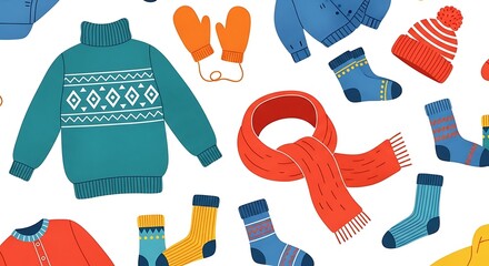Cozy winter clothing assortment with sweaters scarves and socks