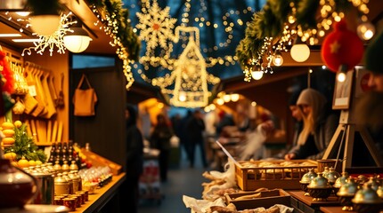 Christmas market stalls with festive lights, handmade crafts, and steaming food vendors in a cozy outdoor holiday setting, capturing winter celebration and seasonal atmosphere blurred effect 
