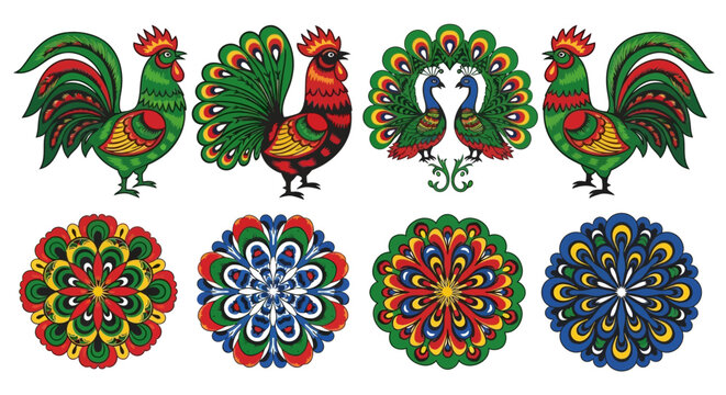 Vibrant Polish Wycinanki Folk Art Vector Elements with Paper Cut Rooster and Floral Motifs