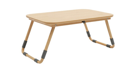 A light brown wooden folding laptop table with metal legs, perfect for working from home.