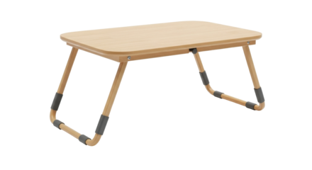 A light brown wooden folding laptop table with metal legs, perfect for working from home.