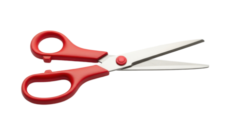 Close-up shot of a pair of red-handled scissors with open blades on a white background.
