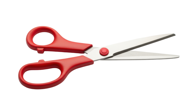 Close-up shot of a pair of red-handled scissors with open blades on a white background.