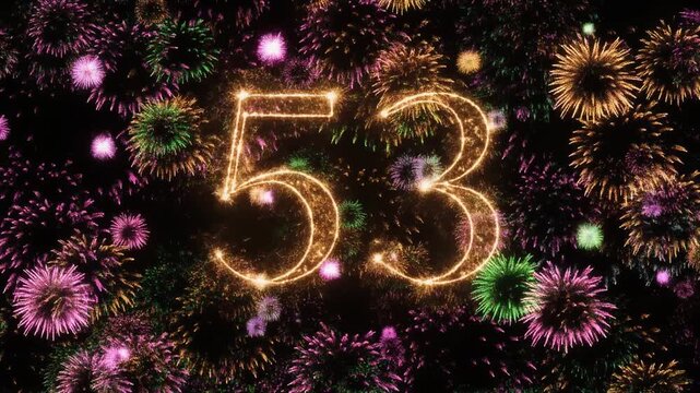 Number 53 surrounded by fireworks. Festive video for birthday or anniversary party