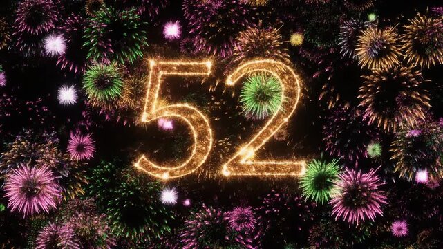 Number 52 surrounded by fireworks. Festive video for birthday or anniversary party