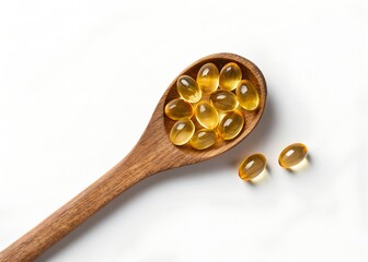 Wooden spoon with vitamin E capsules on white background