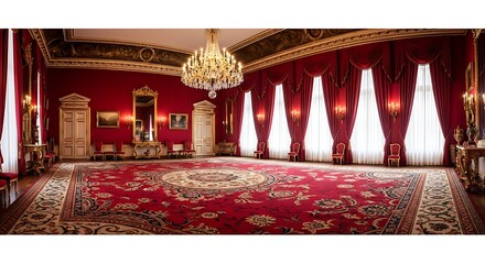 Ornate red ballroom with grand chandelier and elaborate rug