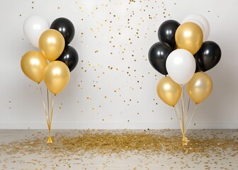 Balloons in gold, white and black and gold glitter and confetti scattered on the floor for celebration
