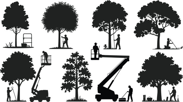 Silhouettes of trees and arborist tools for pruning and trimming in black and white landscape illustration of tree maintenance