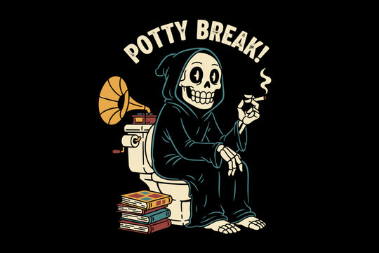 Grim Reaper takes a break on the toilet smoking a cigarette.