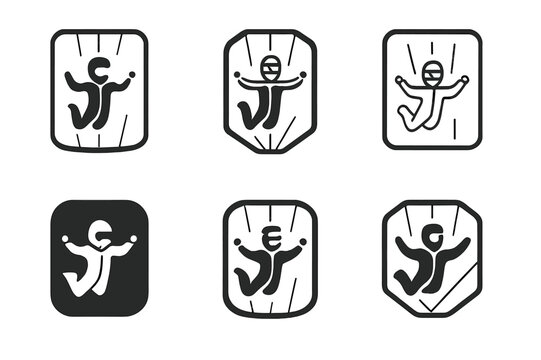 Indoor Skydiving Logos. Indoor skydiving in specialized wind tunnels. Icon set. Set Logo of Indoor skydiving in specialized wind tunnels: flight suit with arm