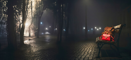 A woman's handbag and a leather backpack lie on a bench. Image with free space for text.