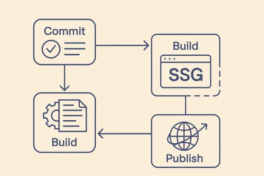 Digital workflow diagram illustrating commit actions building static site generator components and publishing processes for seamless web development, optimizing efficiency and collaboration