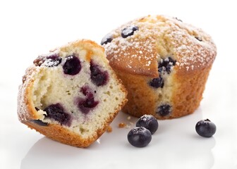 Fresh blueberry muffin isolated on white background, with a cut in half
