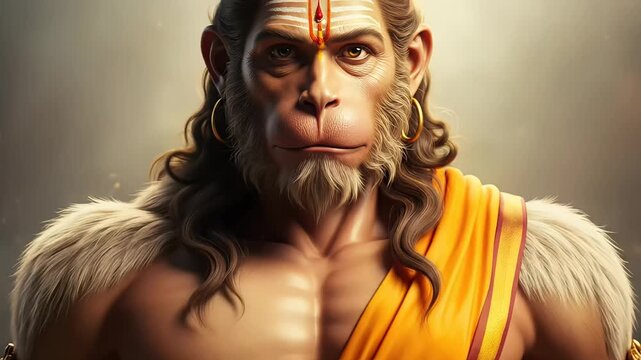 Majestic Depiction of Lord Hanuman A Powerful Portrait Showcasing Strength, Devotion, and Indian Religious Iconography, Symbolizing Bravery