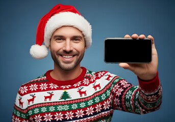 A cheerful man wearing a festive Christmas sweater and Santa hat smiles while holding up a smartphone with a blank screen. The photo features a blue background that enhances the holiday spirit.