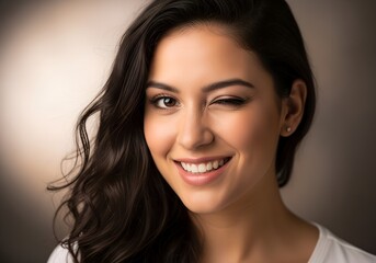 Young woman smiling and winking playfully in soft studio light