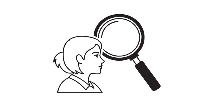 Woman with magnifier thin line icon, recruitment concept. Vector graphics. Young woman and magnifying glass, profile sign on white background, style icon mobile or web design