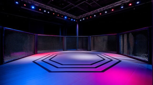 Bright stadium lights shine down on a combat sports cage, creating an electric atmosphere for an upcoming match. The octagonal space is set for thrilling action and fierce competition