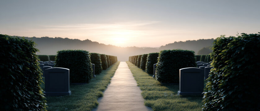 Symmetrical cemetery pathway lined with neatly trimmed bushes and tombstones at sunrise with misty hills in the background